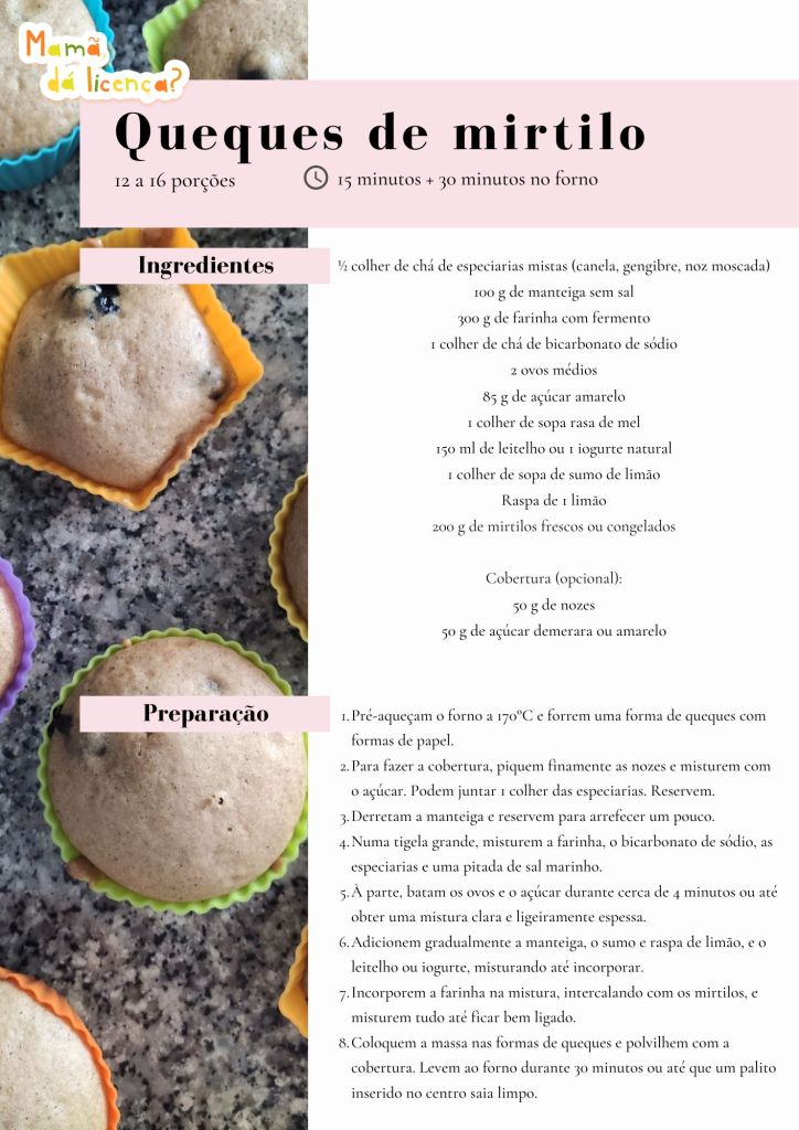 Imagem de uma receita de queques de mirtilo, apresentando os ingredientes e instruções de preparação, com queques em formas de silicone coloridas.