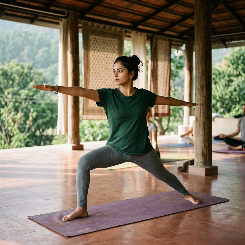 Woman doing Warrior II yoga pose on purple mat in outdoor pavilion