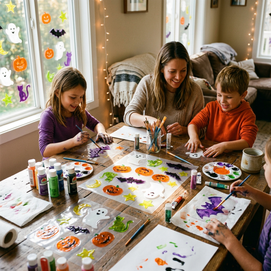 Family painting Halloween decorations together at a table